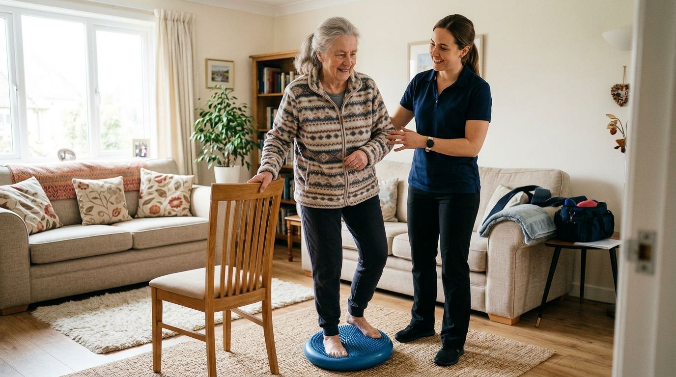 Home visit physiotherapy consultation with elder patient